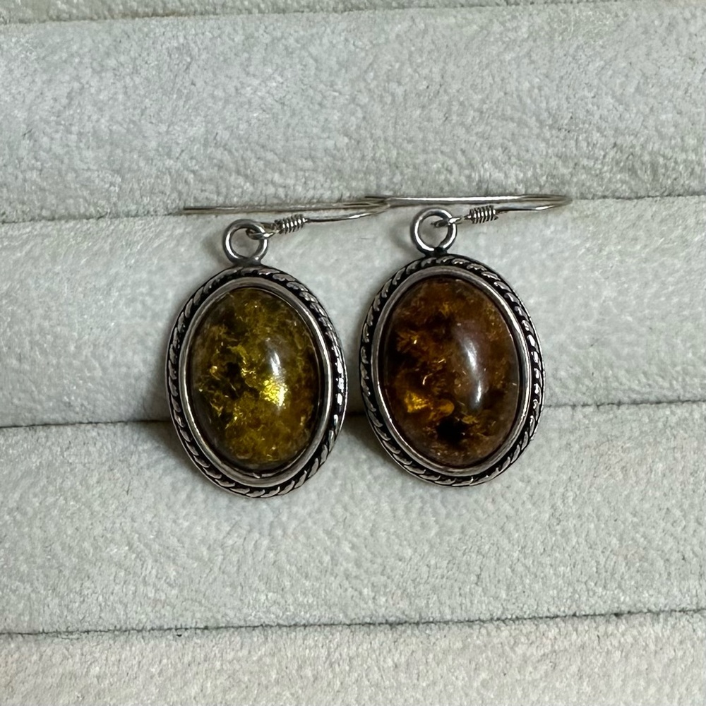 Oval Baltic Amber Sterling Silver Dangle Earrings